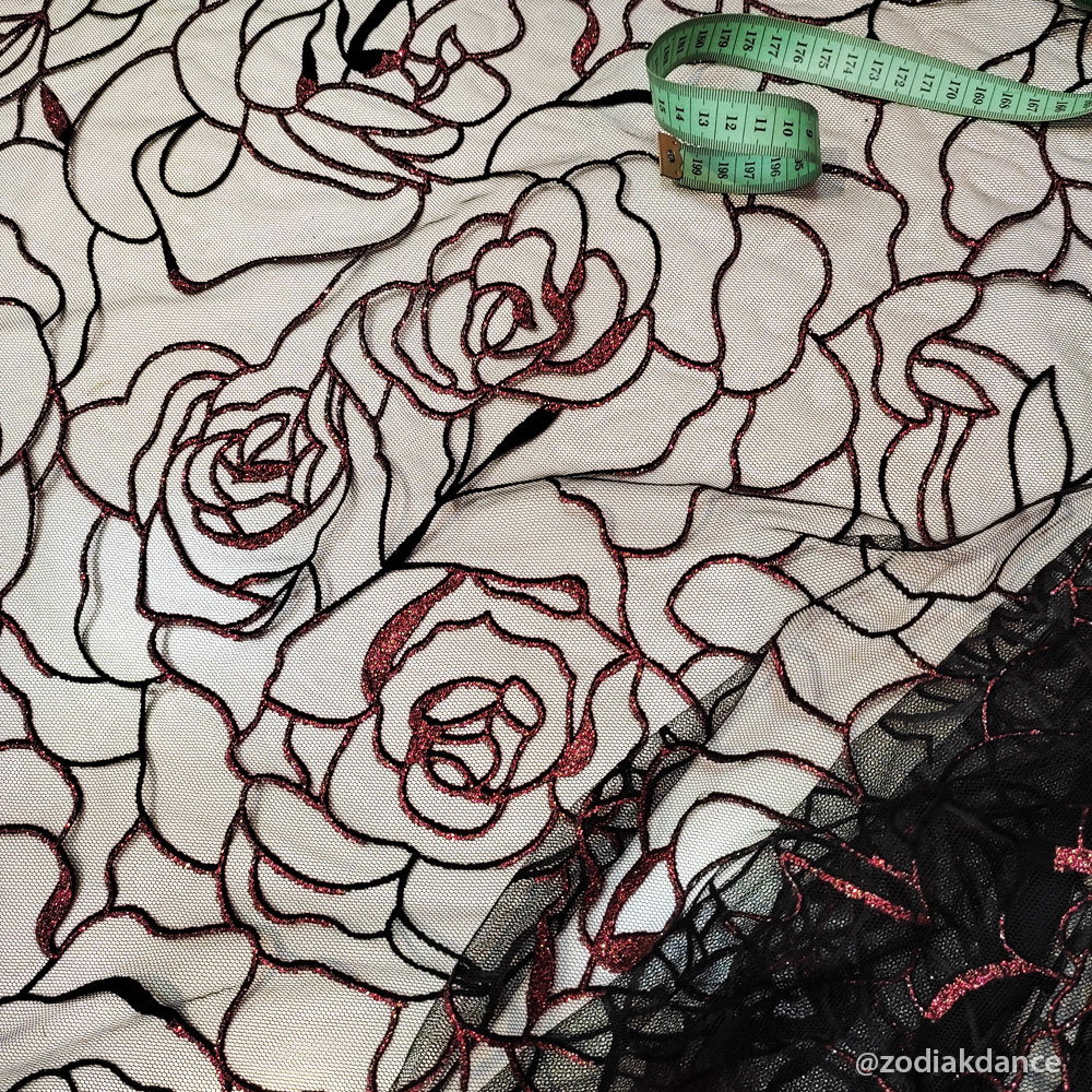 Flock Roses on Mesh Black/Red