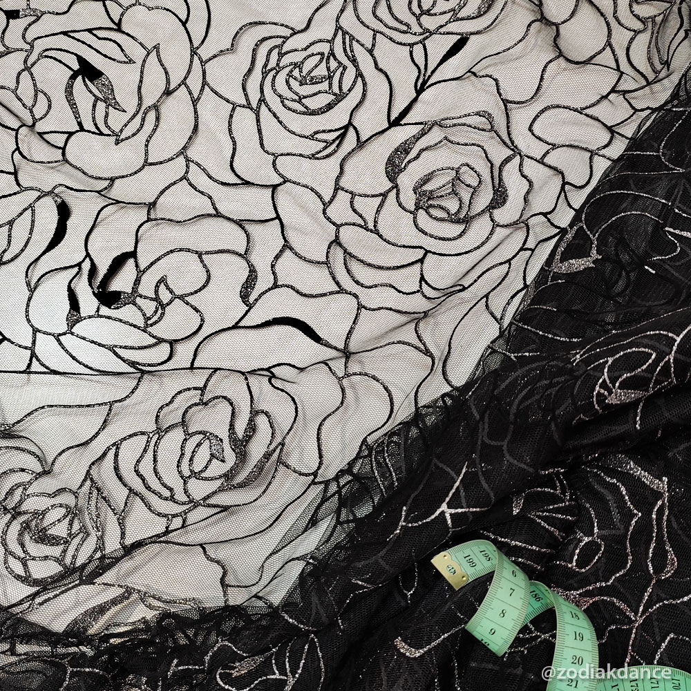 Flock Roses on Mesh Black/Silver