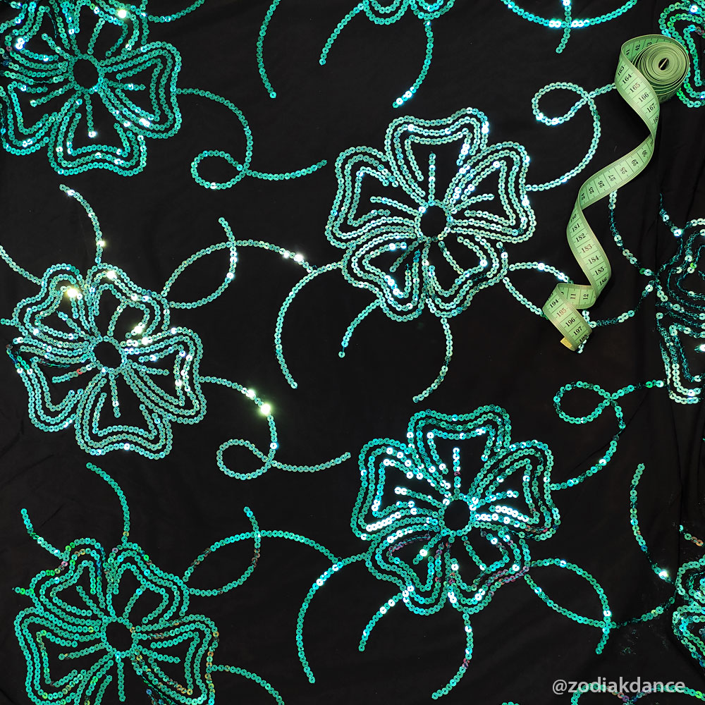 Floral silhouette sequin on stretch net Black/Jade
