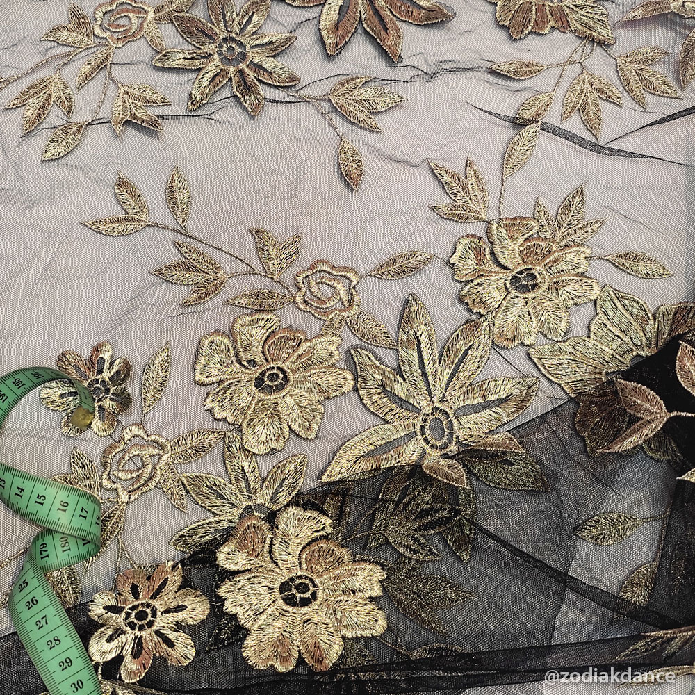 Lace on Stiff Net Flower Black/Antique Gold