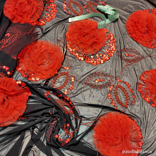 Spanish flower embroidered sequin on stretch net CA Black/Red